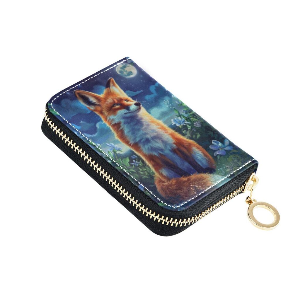 3603 Credit Card Holder Animal Fox Mini Leather Wallet Card Holder Zipper